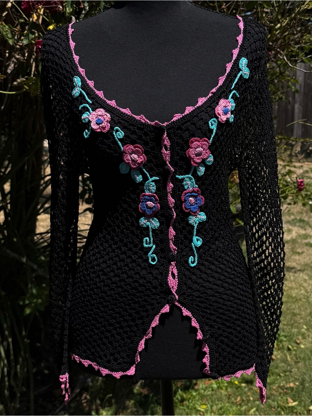 Betsey Johnson Black Crocheted Top with Pink Trim - Picture 3 of 4